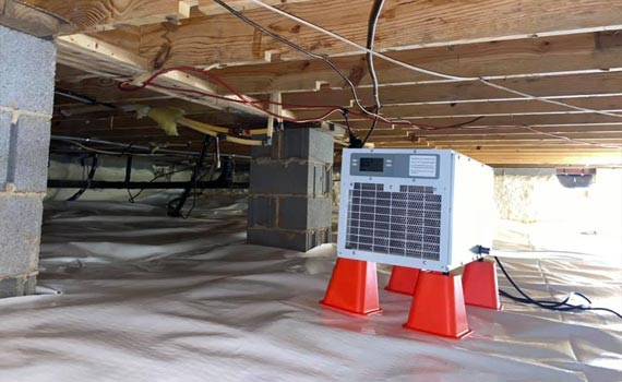 A basement with a dehumidifier on red stands sheeting on the floor.