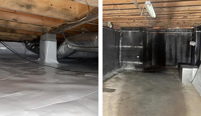 Basement and crawl space with insulation and ductwork