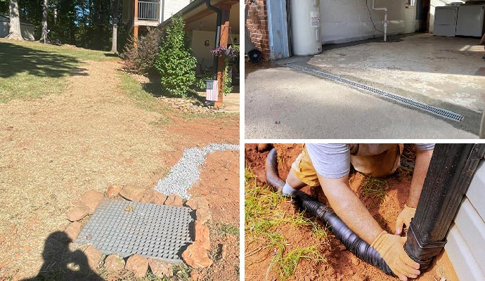 Collage of french drain, entryway drainage and downspout extension Collage of french drain, entryway drainage and downspout extension