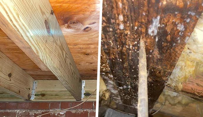 Collage of wooden floor structure with joists and termite damaged wood Collage of wooden floor structure with joists and termite damaged wood