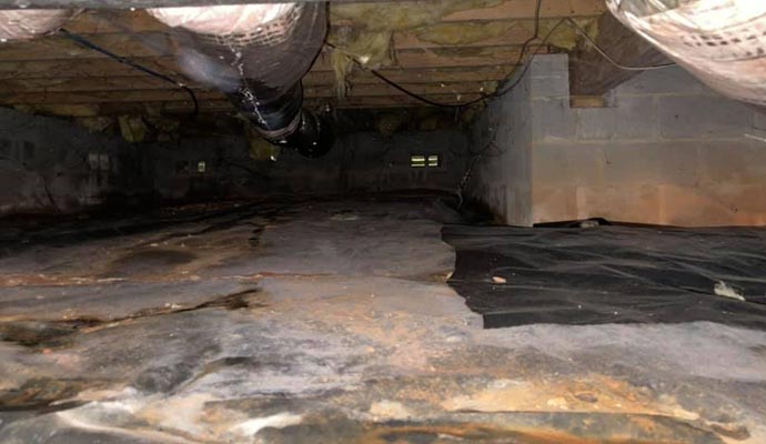 A crawl space with exposed insulation