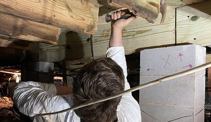 Expert repairing crawl-space using equipment.