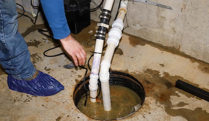 a professional inspecting a sump pump discharge line