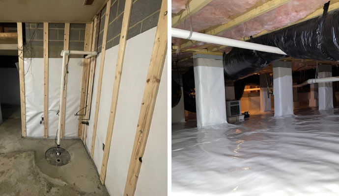 workers waterproofing basement & crawl space